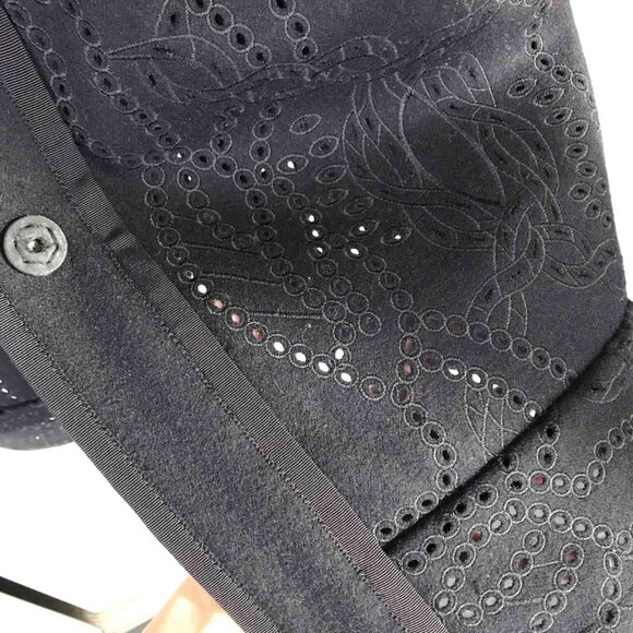 Floral Carved Wool Blend Maxi Coat: Black Punched Hole Jacket, Size M - Picture 5 of 8